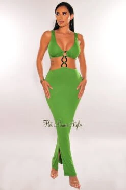 Green Black O-Ring Sleeveless Cut Out Double Slit Dress