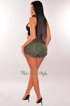 Green Camo Print High Waist Frayed Hem Shorts 7 Green Camo Print High Waist Frayed Hem Shorts -Miamis Style Shop green camo print high waist frayed hem shorts hot miami styles 344817