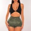 Green Camo Print High Waist Frayed Hem Shorts