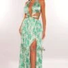 Green Floral Print Halter O-Ring Belted Cut Out Slit Maxi Dress