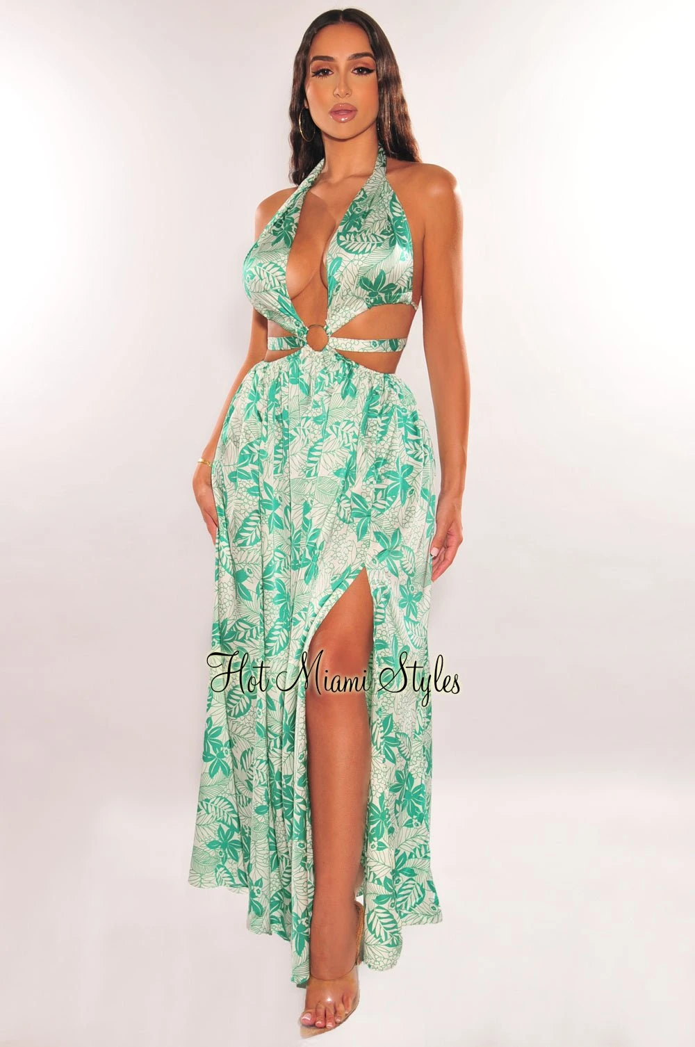 Green Floral Print Halter O-Ring Belted Cut Out Slit Maxi Dress 1 Green Floral Print Halter O-Ring Belted Cut Out Slit Maxi Dress