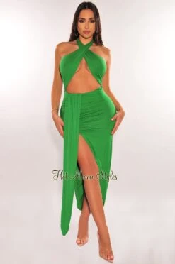 Green Halter Crisscross Cut Out Drape Ruched Slit Dress