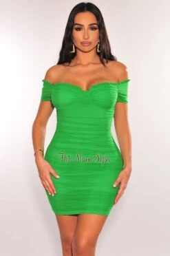 Green Mesh Padded Off Shoulder Ruched Dress