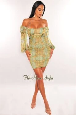 Green Print Off Shoulder Long Sleeve Smocked Dress -Miamis Style Shop green print off shoulder long sleeve smocked dress hot miami styles 258558