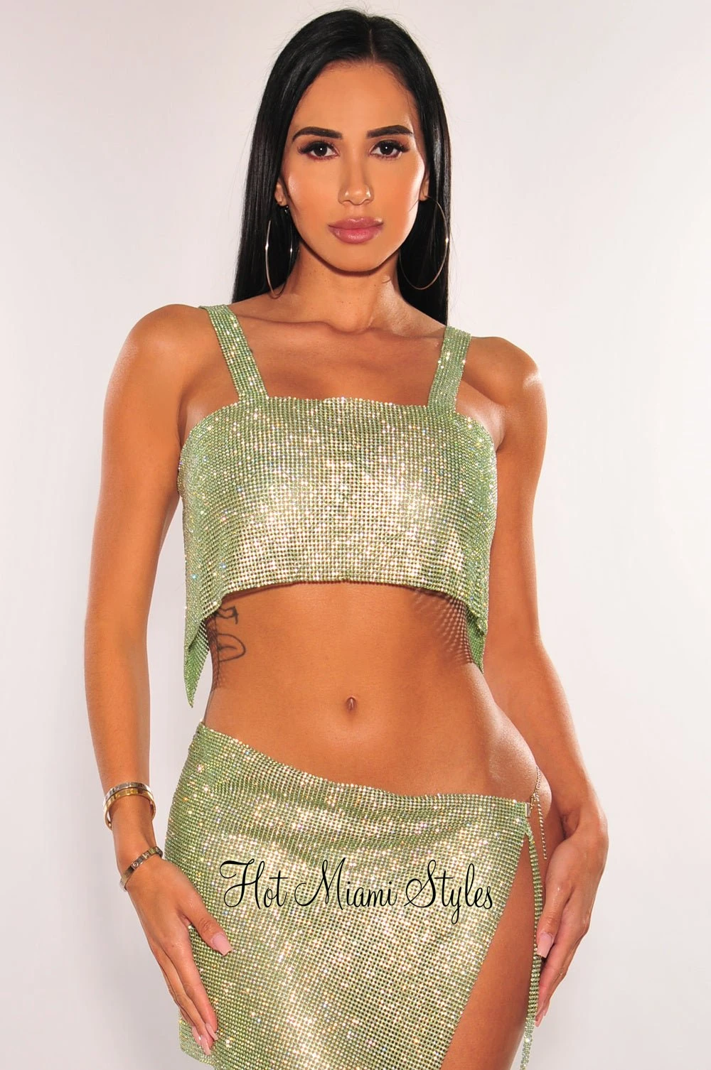 Green Rhinestone Mesh Chain Crop Top 1 Green Rhinestone Mesh Chain Crop Top