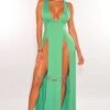 Green Sleeveless V Neck Double Slit Cover Up Maxi Dress