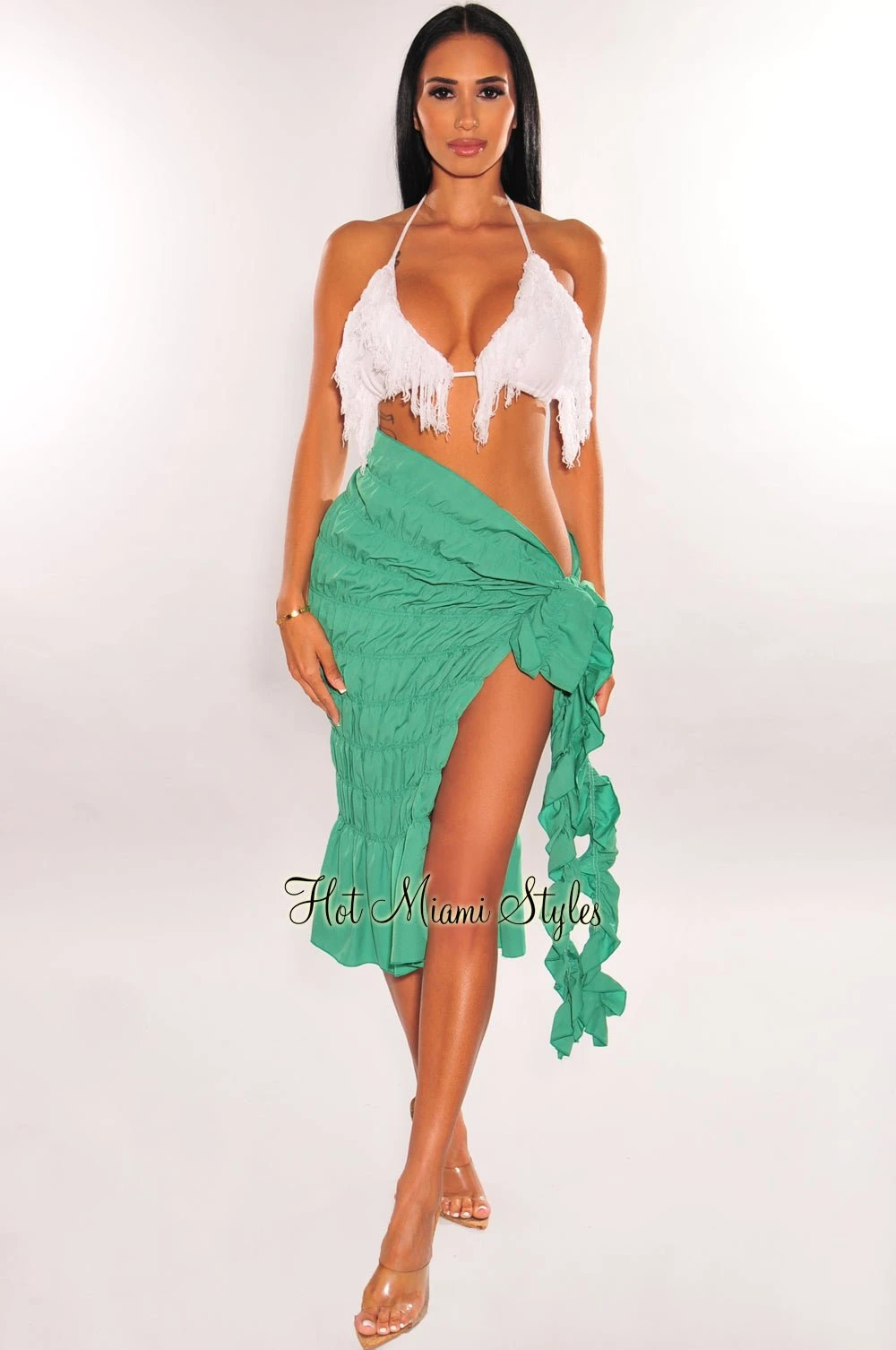 Green Smocked Tie Up Ruffle Skirt Cover Up 1 Green Smocked Tie Up Ruffle Skirt Cover Up