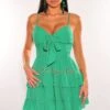 Green Spaghetti Strap Padded Ruffled Tie Up Babydoll Dress