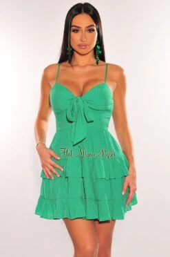 Green Spaghetti Strap Padded Ruffled Tie Up Babydoll Dress