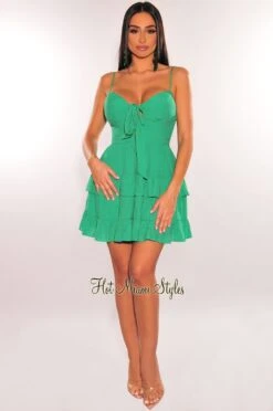 Green Spaghetti Strap Padded Ruffled Tie Up Babydoll Dress -Miamis Style Shop green spaghetti strap padded ruffled tie up babydoll dress hot miami styles 478949