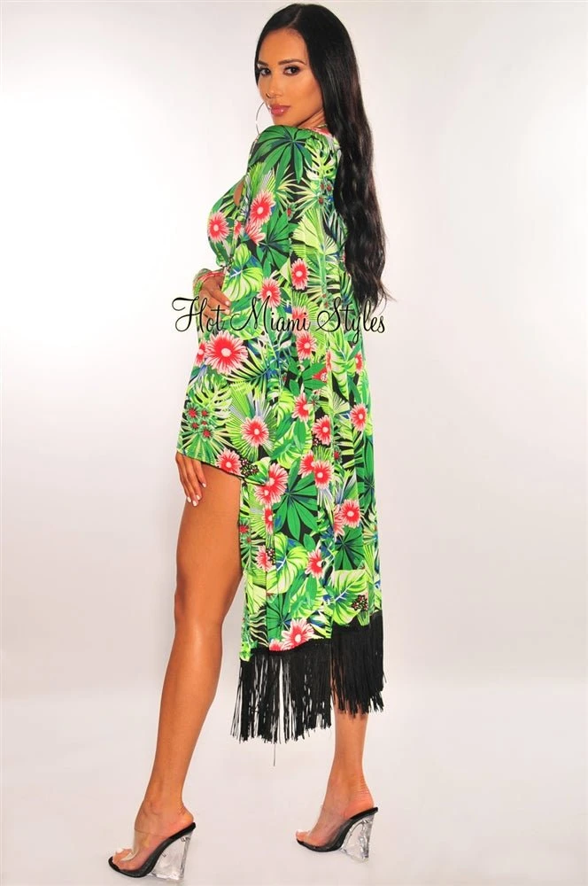 Green Tropical Print Kimono Sleeves Fringe Cover Up 2 Green Tropical Print Kimono Sleeves Fringe Cover Up - Image 2