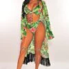 Green Tropical Print Kimono Sleeves Fringe Cover Up