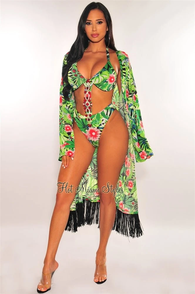 Green Tropical Print Kimono Sleeves Fringe Cover Up 1 Green Tropical Print Kimono Sleeves Fringe Cover Up