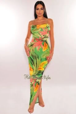 Green Tropical Print Spaghetti Straps Elastic Strappy Back Slit Maxi Dress