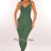 Green Wash Ribbed Knit Sleeveless Exposed Seams Jumpsuit