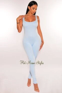 HMS Essential: Baby Blue Spaghetti Strap Open Back Perfect Fit Jumpsuit