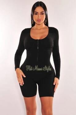 HMS Essential: Black Ribbed Knit Faux Bustier Zipper Long Sleeves Romper
