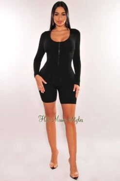 HMS Essential: Black Ribbed Knit Faux Bustier Zipper Long Sleeves Romper -Miamis Style Shop hms essential black ribbed knit faux bustier zipper long sleeves romper hot miami styles 674755