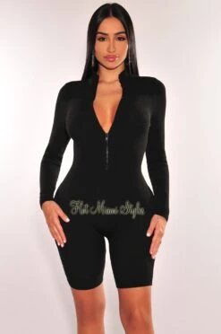 HMS Essential: Black Ribbed Knit Zipper Long Sleeves Romper