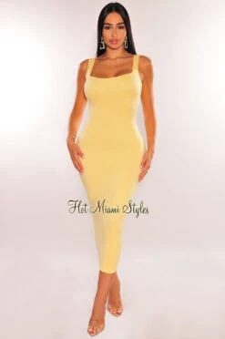 HMS Essential: Canary Yellow Square Neck Sleeveless Perfect Fit Midi Dress