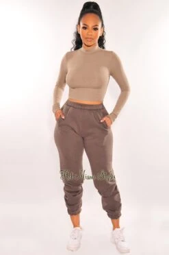 HMS Essential: Dusty Olive Ribbed Mock Neck Long Sleeve Crop Top -Miamis Style Shop hms essential dusty olive ribbed mock neck long sleeve crop top hot miami styles 347435