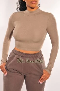 HMS Essential: Dusty Olive Ribbed Mock Neck Long Sleeve Crop Top -Miamis Style Shop hms essential dusty olive ribbed mock neck long sleeve crop top hot miami styles 902601