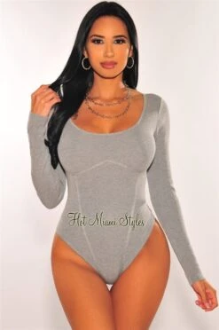 HMS Essential: Gray Ribbed Knit Faux Bustier Long Sleeves Bodysuit