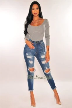 HMS Essential: Gray Ribbed Knit Faux Bustier Long Sleeves Bodysuit -Miamis Style Shop hms essential gray ribbed knit faux bustier long sleeves bodysuit hot miami styles 959215