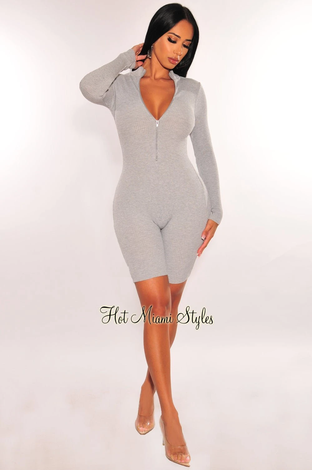 HMS: Essential: Gray Ribbed Knit Zipper Long Sleeves Romper 4 HMS: Essential: Gray Ribbed Knit Zipper Long Sleeves Romper - Image 4