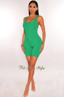 HMS Essential: Kelly Green Round Neck Ribbed Knit Romper -Miamis Style Shop hms essential kelly green round neck ribbed knit romper hot miami styles 496267