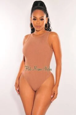 HMS ESSENTIAL: Mocha Ribbed Round Neck Sleeveless Bodysuit
