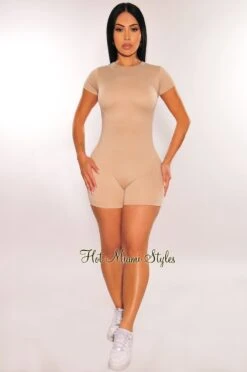 HMS Essential: Nude Perfect Fit Double Lined Short Sleeve Romper -Miamis Style Shop hms essential nude perfect fit double lined short sleeve romper hot miami styles 294516