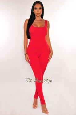 HMS Essential: Red Spaghetti Strap Open Back Perfect Fit Jumpsuit