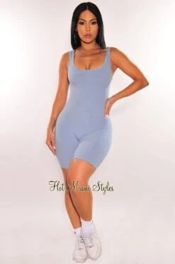 HMS Essential: Sky Blue Round Neck Ribbed Knit Romper -Miamis Style Shop hms essential sky blue round neck ribbed knit romper hot miami styles 847739