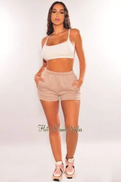 HMS Essential: Taupe High Waist Sweat Shorts -Miamis Style Shop hms essential taupe high waist sweat shorts hot miami styles 763175