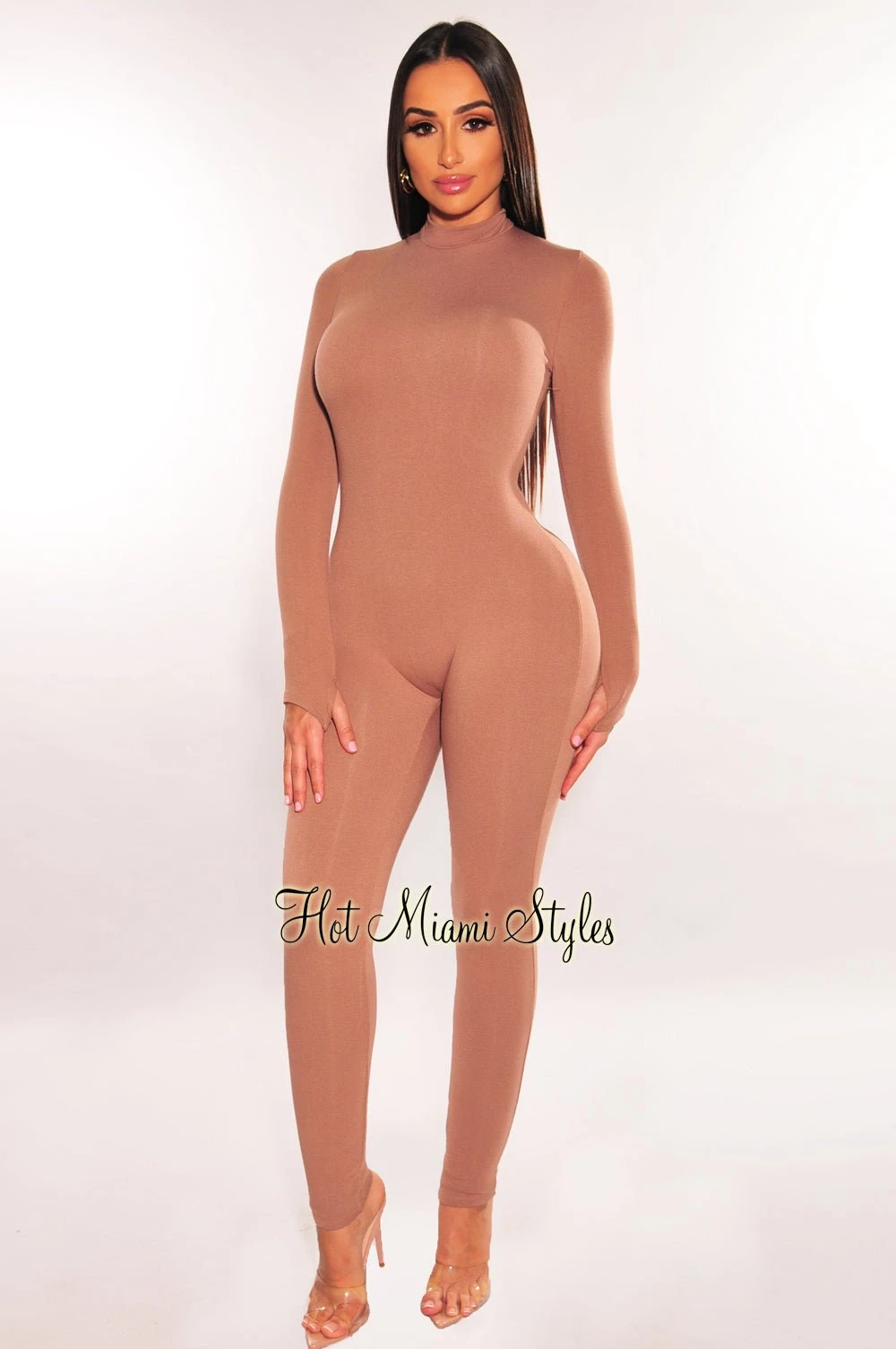 HMS Essential: Taupe Mock Neck Perfect Fit Long Sleeves Jumpsuit 1 HMS Essential: Taupe Mock Neck Perfect Fit Long Sleeves Jumpsuit