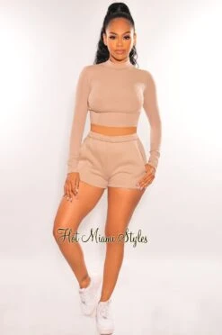 HMS Essential: Taupe Ribbed Mock Neck Long Sleeve Crop Top -Miamis Style Shop hms essential taupe ribbed mock neck long sleeve crop top hot miami styles 576341