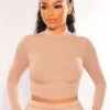 HMS Essential: Taupe Ribbed Mock Neck Long Sleeve Crop Top