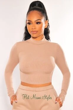 HMS Essential: Taupe Ribbed Mock Neck Long Sleeve Crop Top
