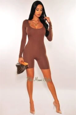 HMS Essential: Toffee Round Neck Perfect Fit Double Lined Long Sleeve Romper -Miamis Style Shop hms essential toffee round neck perfect fit double lined long sleeve romper hot miami styles 793476