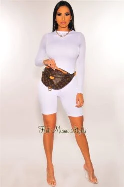 HMS Essential: White Perfect Fit Double Lined Long Sleeve Romper -Miamis Style Shop hms essential white perfect fit double lined long sleeve romper hot miami styles 226476