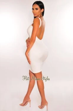 HMS Essential: White Sleeveless Round Neck Scoop Back Mini Dress -Miamis Style Shop hms essential white sleeveless round neck scoop back mini dress hot miami styles 263631