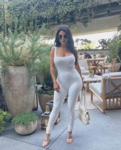 HMS Essential: White Spaghetti Strap Perfect Fit Jumpsuit -Miamis Style Shop hms essential white spaghetti strap perfect fit jumpsuit hot miami styles 106104