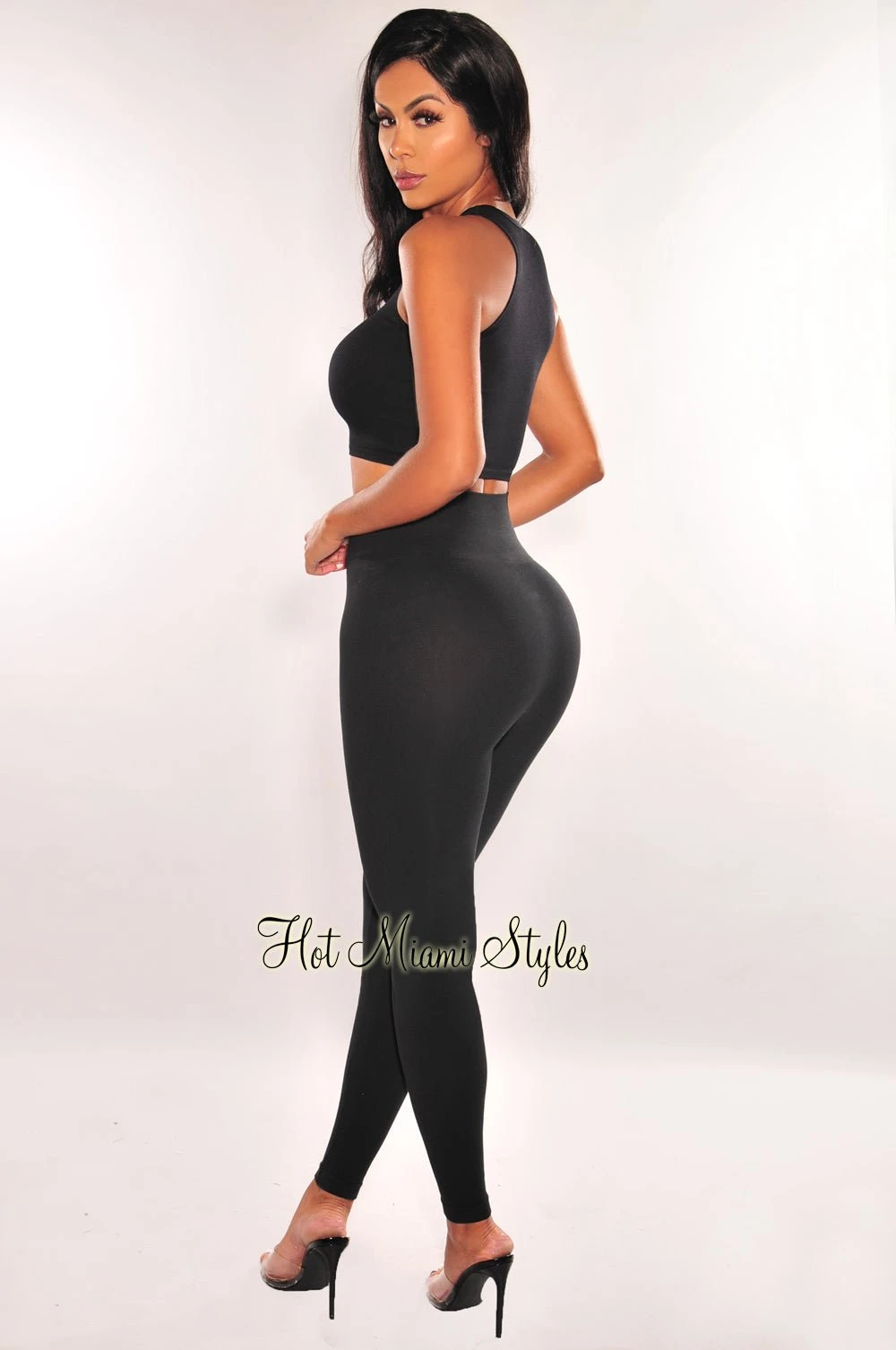 HMS ESSENTIALS: Black Ribbed Waist Snatch Leggings 2 HMS ESSENTIALS: Black Ribbed Waist Snatch Leggings - Image 2