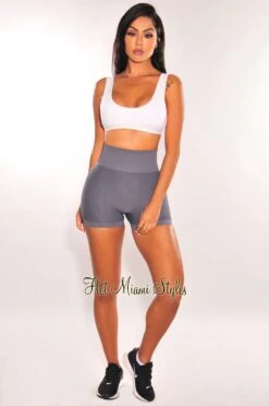 HMS Fit: Dusty Blue High Waist Butt Lifting Textured Shorts -Miamis Style Shop hms fit dusty blue high waist butt lifting textured shorts hot miami styles 797809