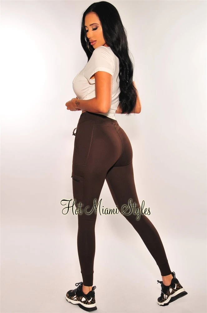 HMS Lounge: Chocolate Elastic Waistband High Waist Cargo Jogger Leggings 3 HMS Lounge: Chocolate Elastic Waistband High Waist Cargo Jogger Leggings - Image 3
