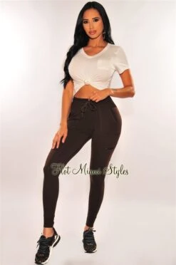 HMS Lounge: Chocolate Elastic Waistband High Waist Cargo Jogger Leggings