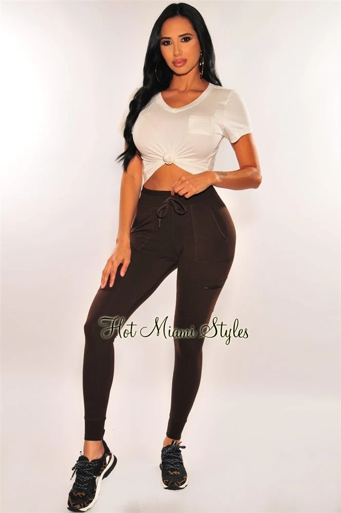 HMS Lounge: Chocolate Elastic Waistband High Waist Cargo Jogger Leggings 1 HMS Lounge: Chocolate Elastic Waistband High Waist Cargo Jogger Leggings