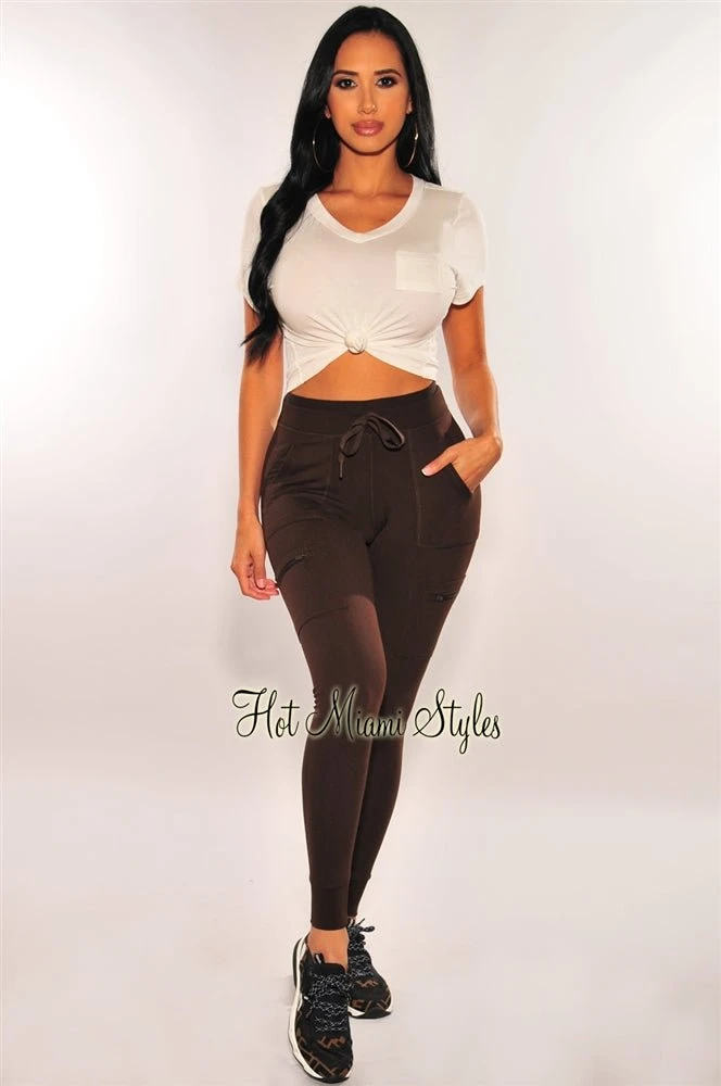 HMS Lounge: Chocolate Elastic Waistband High Waist Cargo Jogger Leggings 2 HMS Lounge: Chocolate Elastic Waistband High Waist Cargo Jogger Leggings - Image 2