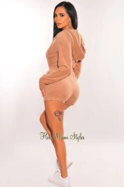 HMS Lounge: Mocha Terry Hoodie Long Sleeve Zipper Romper -Miamis Style Shop hms lounge mocha terry hoodie long sleeve zipper romper hot miami styles 310231